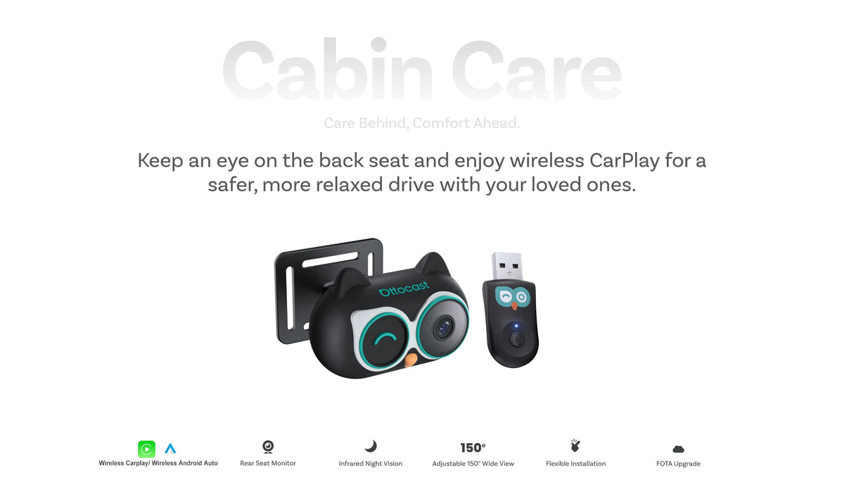 Ottocast Cabin Care Wireless CarPlay Adapter Baby Car Camera 1080P HD 150° Wide-angle Night Vision Backseat Monitor for 98% Car