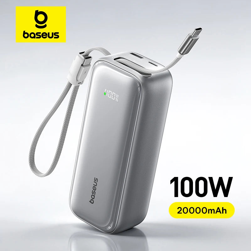 Baseus 100W 20000mAh Power Bank Retractable USB-C Cable for iPhone 18 Duo 17 Pro Max Samsung S26 Portable Charger for Laptop