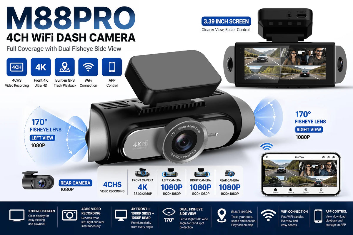 4K 4-CHs Dash Cam WiFi GPS, Front Rear Left Right Car Video Recorder, 24H Parking Monitoring Night Vision Dashcam Supercapacitor