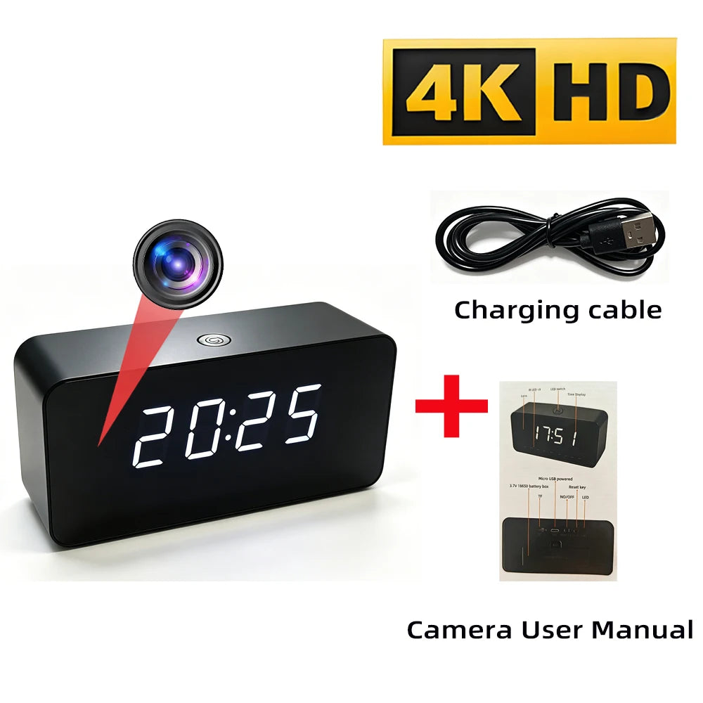 4K New mini WiFi Clock Camera, Supports Infrared Night Vision, Motion Detection, Remote Viewing, LED Lights Can Be Turned off