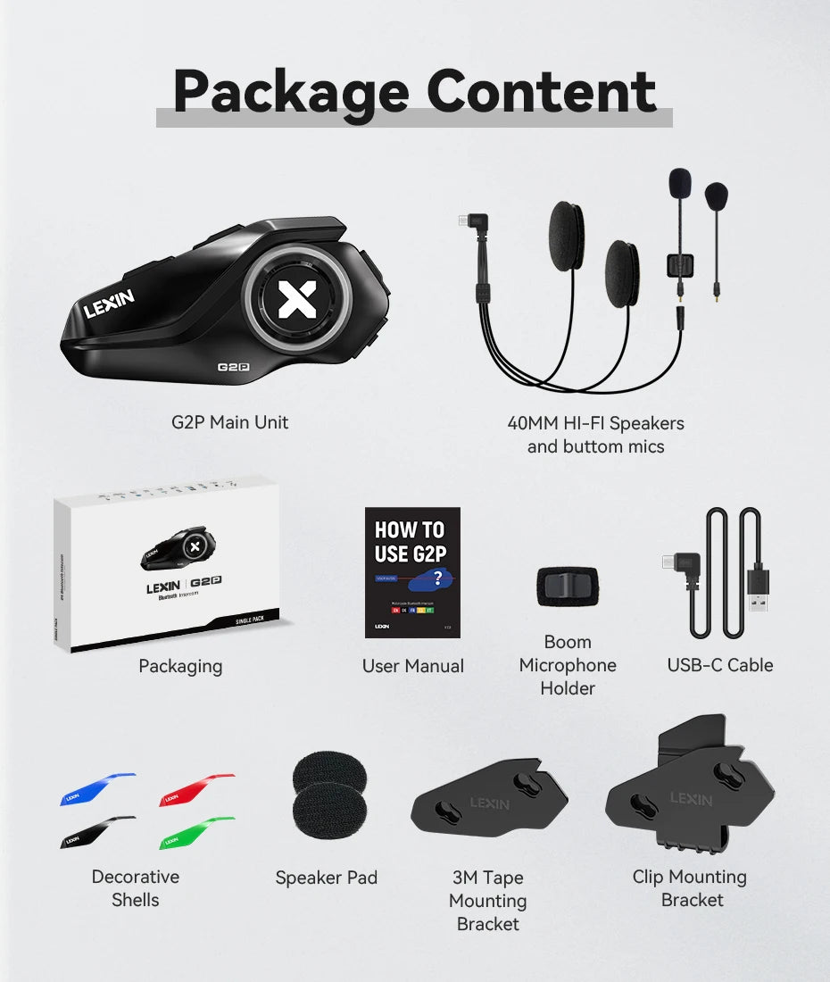 Lexin G2P Motorcycle Blutooth Intercom Helmet Bluetooth Headsets,Handsfree Communicator Up to 6 Riders Interphone with FM Radio