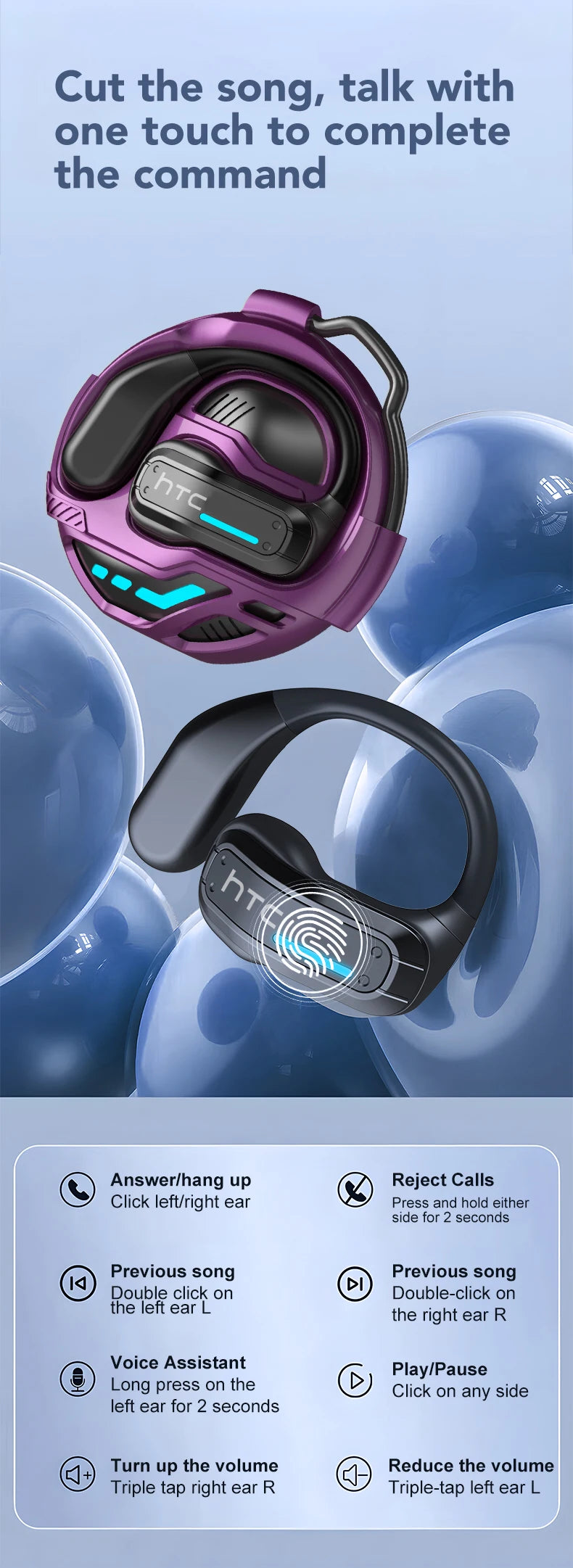 AI Translator Earphone HTC NE02 Open Ear Wireless Bluetooth Headphones Hifi Sound Quality Low Lacenty Sport Earbuds With Mic