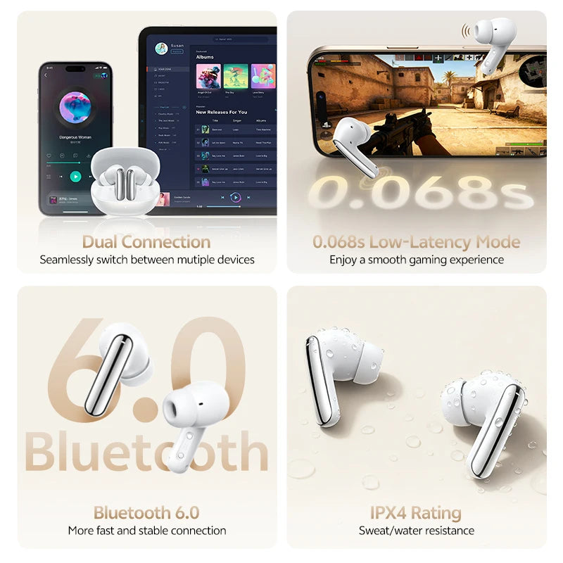 QCY MeloBuds N20 Adaptive Hybrid Noise Cancelling Earbud Wireless Bluetooth 6.0 Headphone 6 Mics Clear Call HT20 Earphone 40Hrs