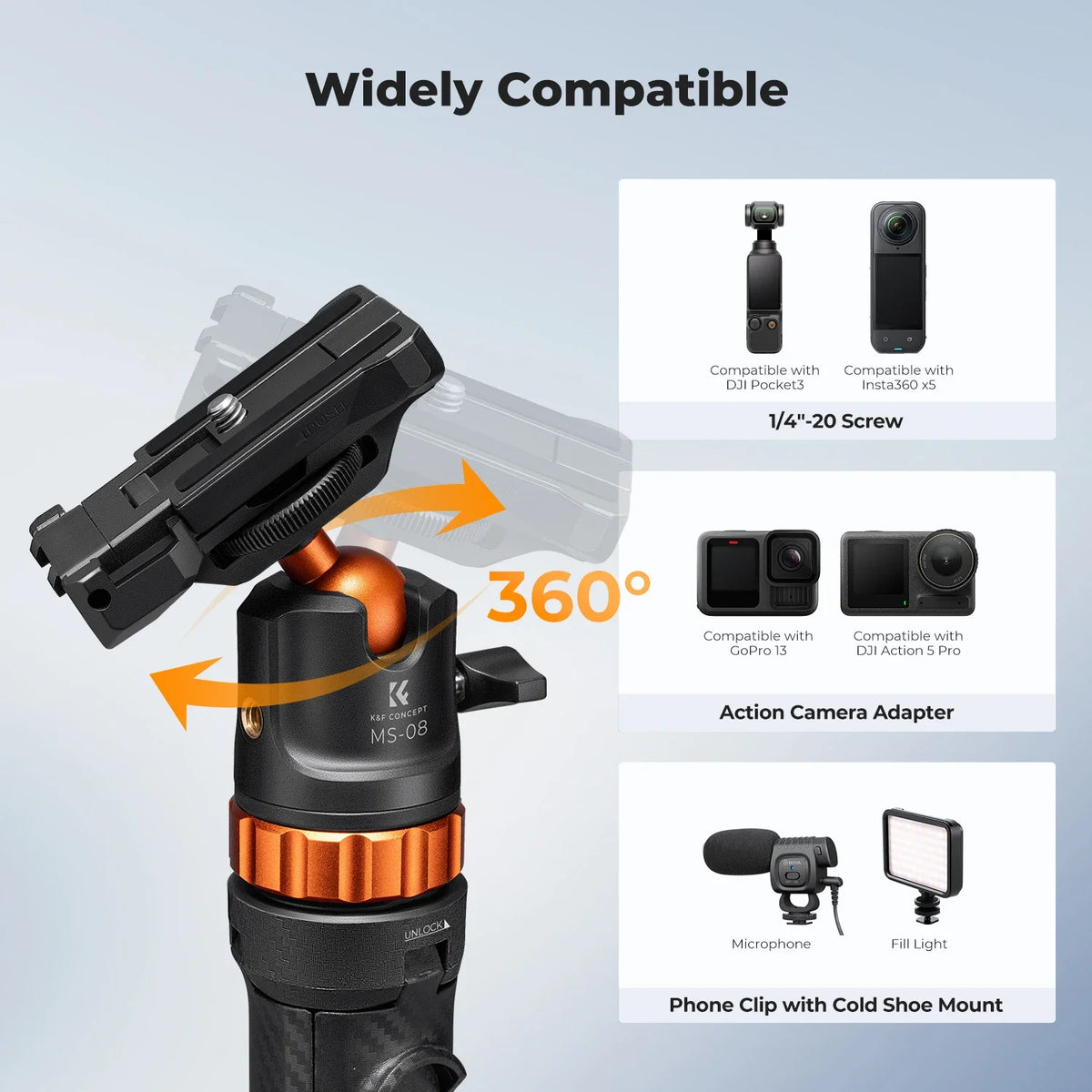 K&F CONCEPT Phone Selfie Stick Tripod 2-in-1 Extendable Cell Phone Tripod Stand with Remote 360° Ball Head for DJI Osmo Pocket3