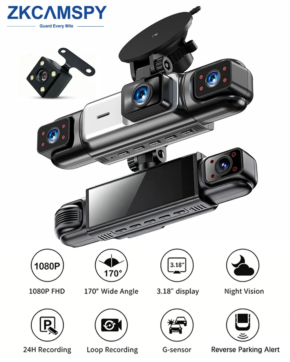 Dash Cam 4 Car Cameras Black Box Night Vision 24/7 Parking Reverse Parking Alert Video Recorder Loop Recording G-Sensor Car DVR