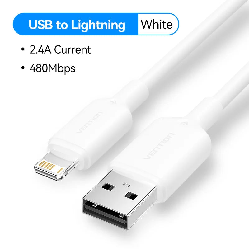Vention Lightning Cable 2.4A for iPhone 14 13 12 11 8 Pro Max 2.4A USB A to Lightning Fast Charge Cord for iPad Phone Data Cable