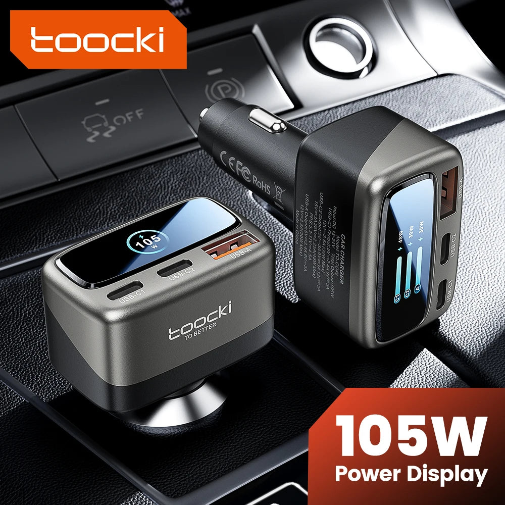 Toocki 105W 3-in-1 Car Charger PD 45W 30W PPS Fast Charging Type C Display Car Phone Charger For iPhone 17 16 Samsung S23 S24