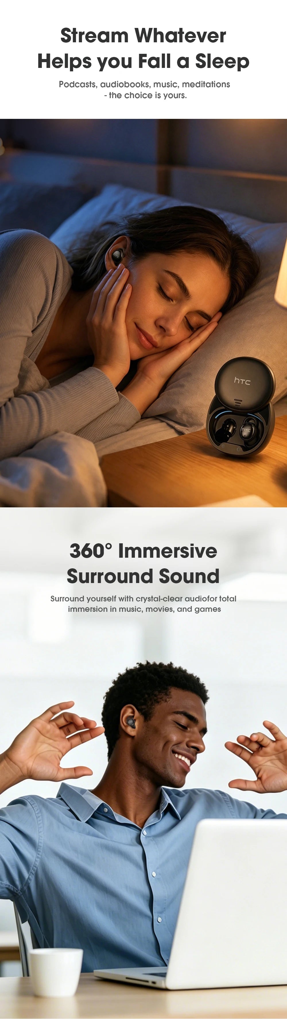 Micro Sleep Wireless Earbuds HTC NE97 Bluetooth 5.3 Pain-Free Fit 18H Playtime Friendly Earphones Soft Sound Side-Sleep
