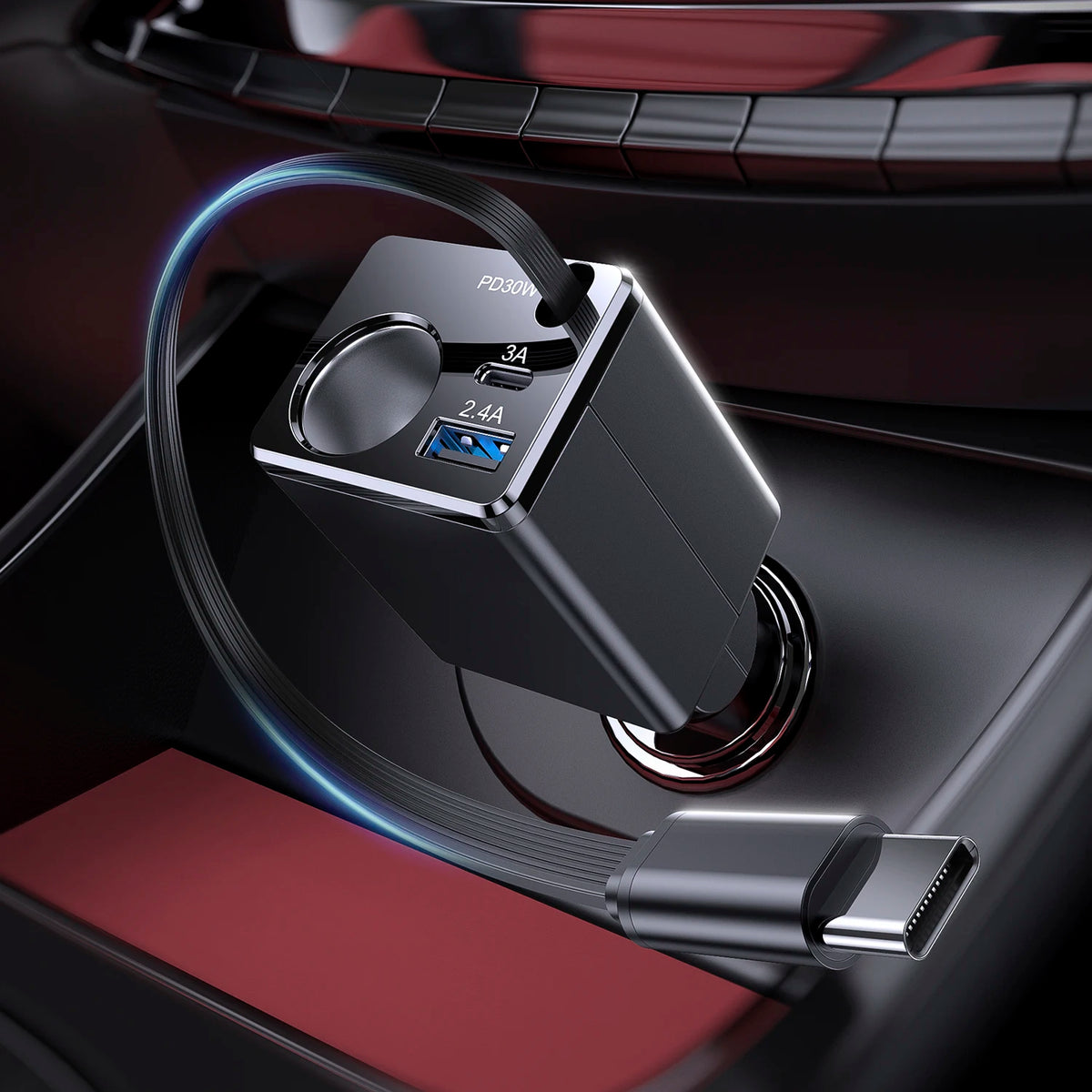 Universal Car Charger 128W Super Fast Charging Cigarette Lighter with Built-In USB-C Retractable Cable for Fast Charging