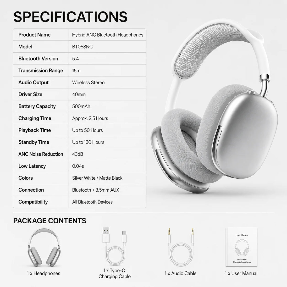 ANC Bluetooth Headphones Wireless Earphones Over Ear 43dB Noise Cancelling HiFi Stereo 50H Playtime Bluetooth 5.4 AUX Cable
