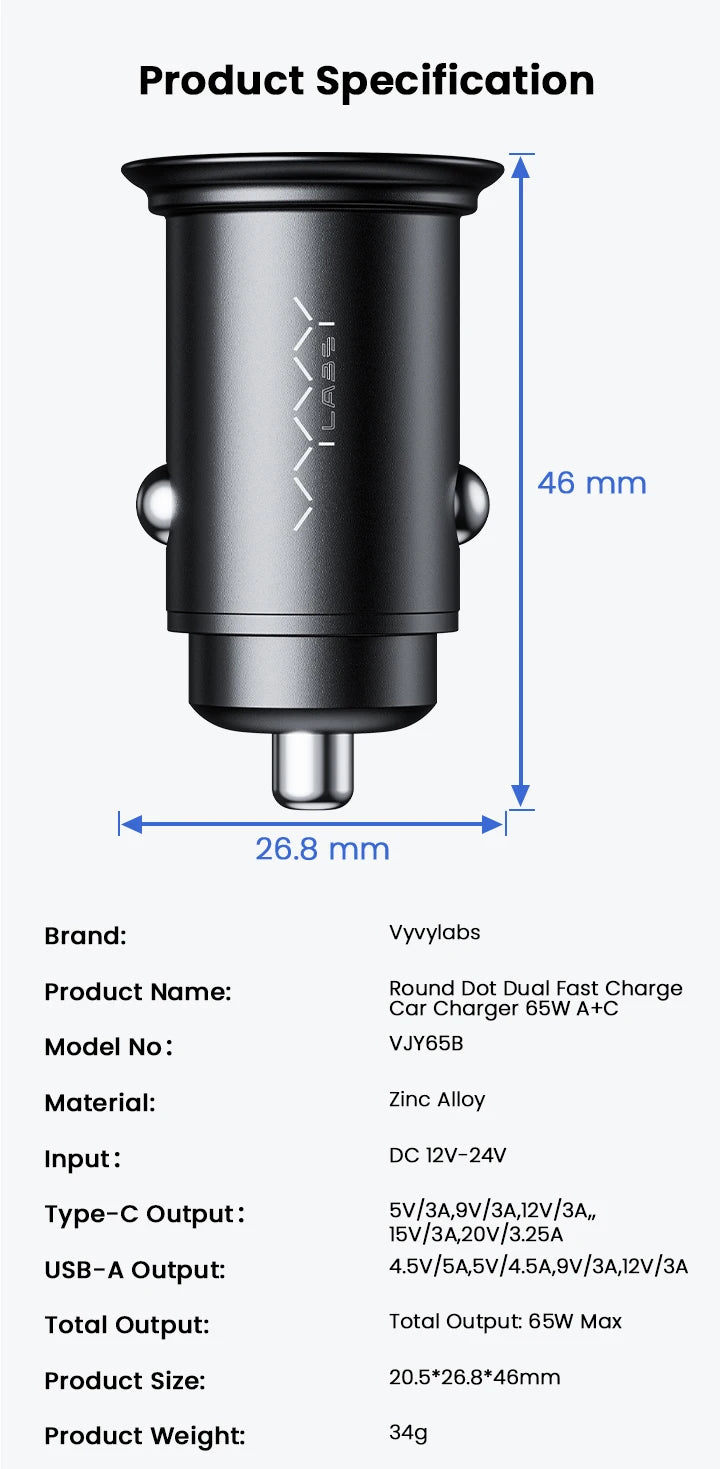 Vyvylabs 65W Car Charger Zinc Alloy Mini USB-A Type-C Fast Charging Adapter DC12V-24V Car Max 65W for iPhone 17 Samsung Huawei