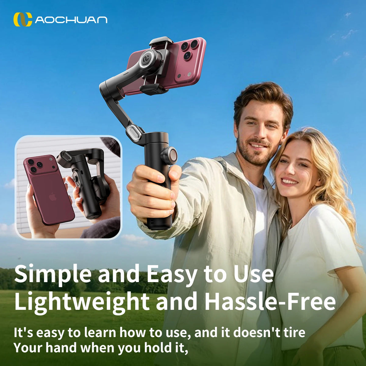 AOCHUAN 3-Axis Handheld Gimbal Stabilizer for Smartphone with Fill Light for iPhone Android Face Tracking Vlog Smart XE