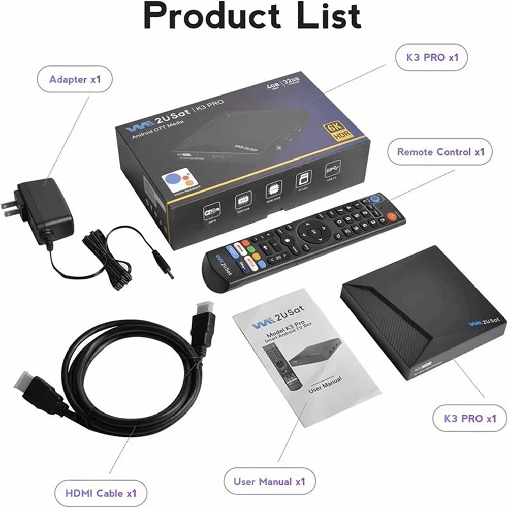 We2USat K3 PRO+-Streaming Smart TV Box Media Player Build in WiFi+Voice Remote Control Comparison with Vseebox V5 PRO Free Ch