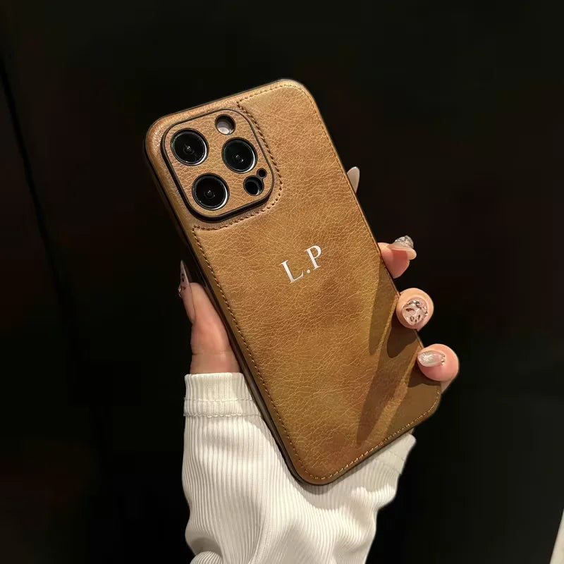 Personalized Customized Silver Hot Stamping Name Faux Leather Classic Business Phone Case For iPhone 17 16 15 14 13 Pro Max Plus