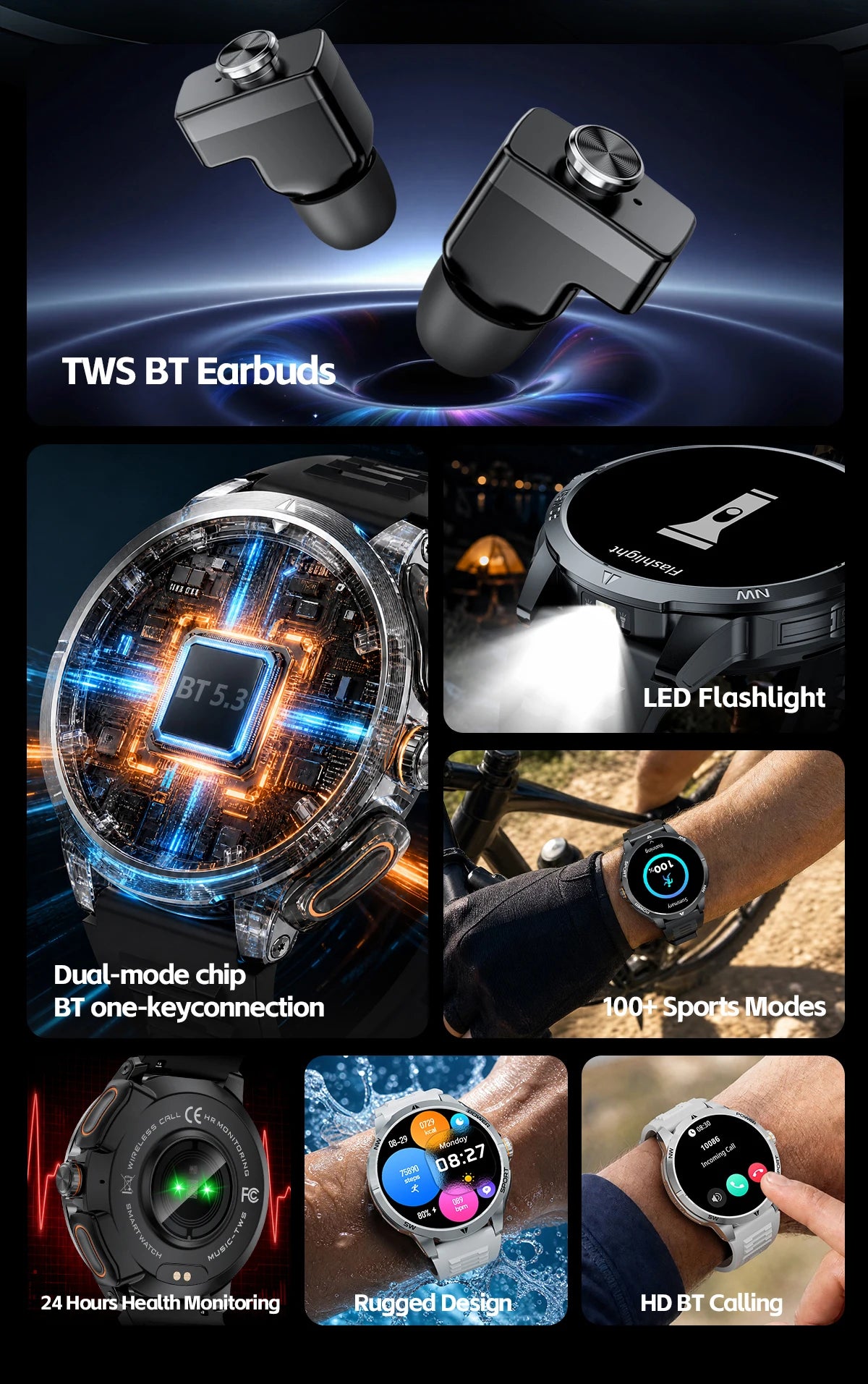 TWS 2-in-1 Smart Watch with Headphones Sports Play Music Bluetooth Headset Call Men Health Monitor NFC Women Smartwatch Earbuds