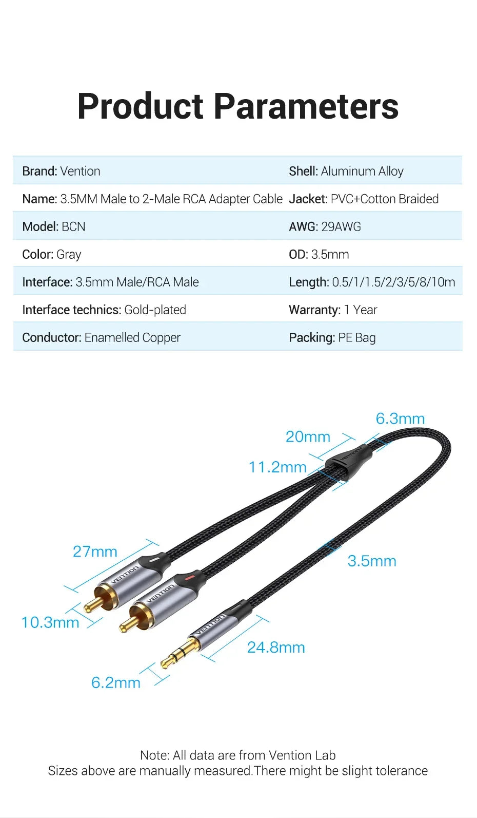 Vention RCA Cable 3.5mm to 2RCA Splitter Jack Audio Cable for Smartphone Amplifier Home Theater 3.5 AUX RCA TV Box Adaptador