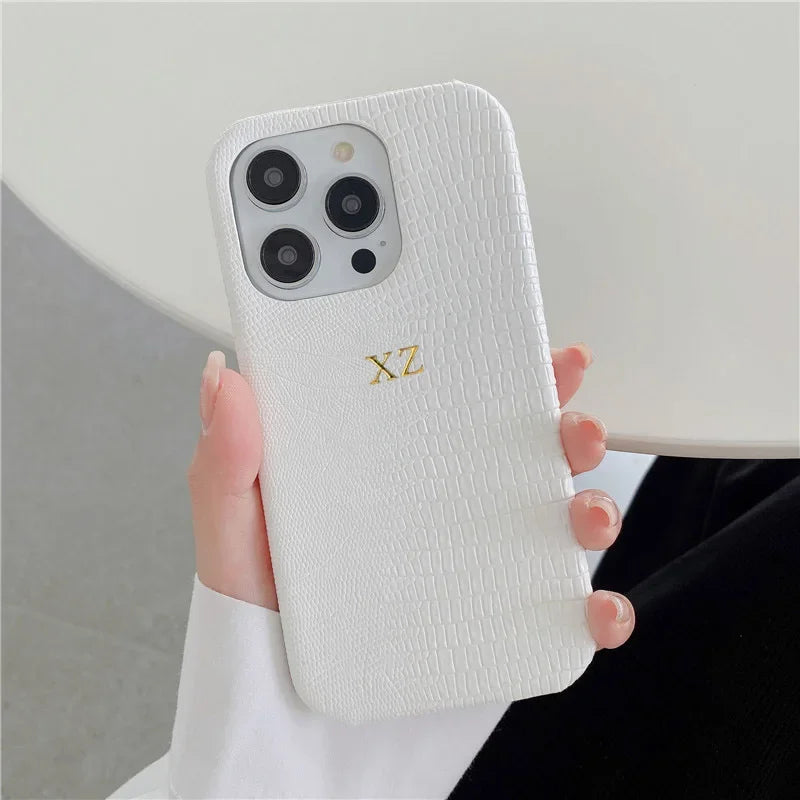 Personalise Gold Silver Initials Letters Leather Case For Iphone 15 12 14 13 16 17Pro Max 14 16 Plus Luxury Lizard PU Hard Cover