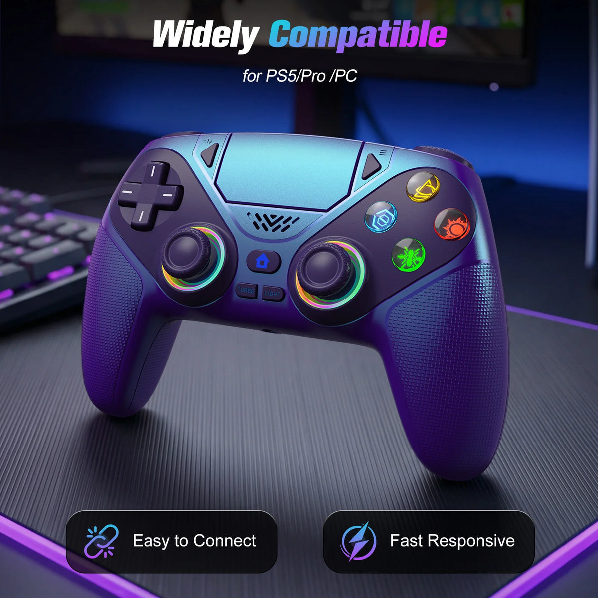 RGB Gamepad For Playstation 5/PS5 Pro/Slim/PC Wireless PS5 Controller 3D Game Joystick Dual Vibration Macro/Turbo Function