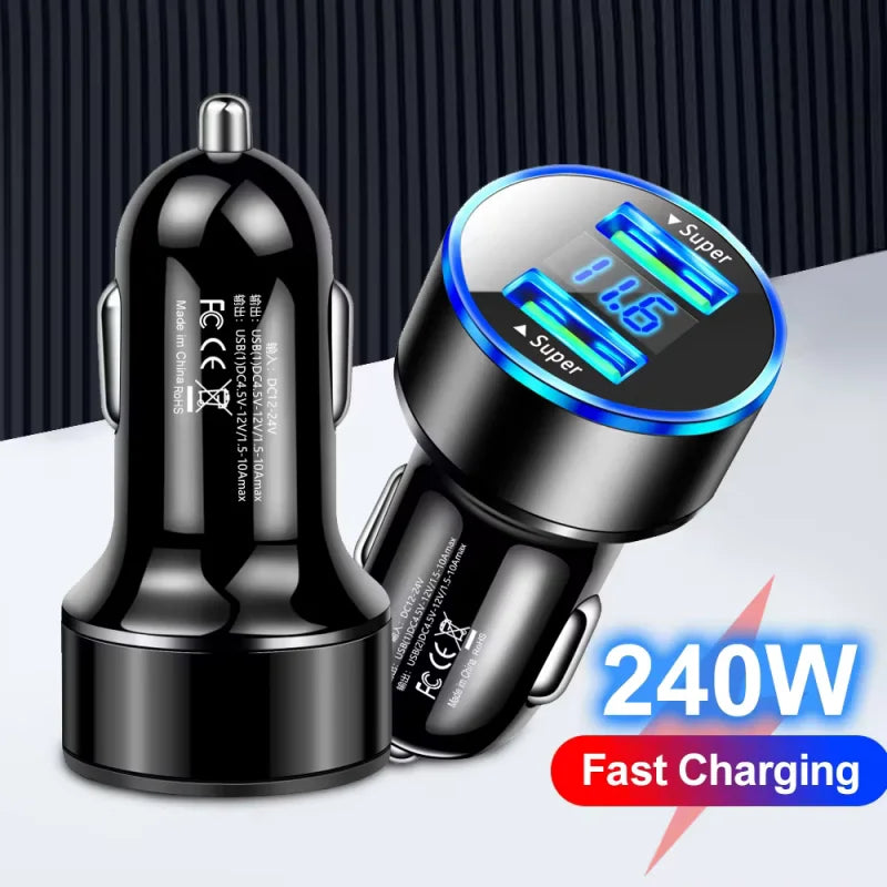 240W Car Charger Dual USB Ports 120W Super Fast Charging with Digital Display Quick Charging Adapter for IPhone Samsung Xiaomi