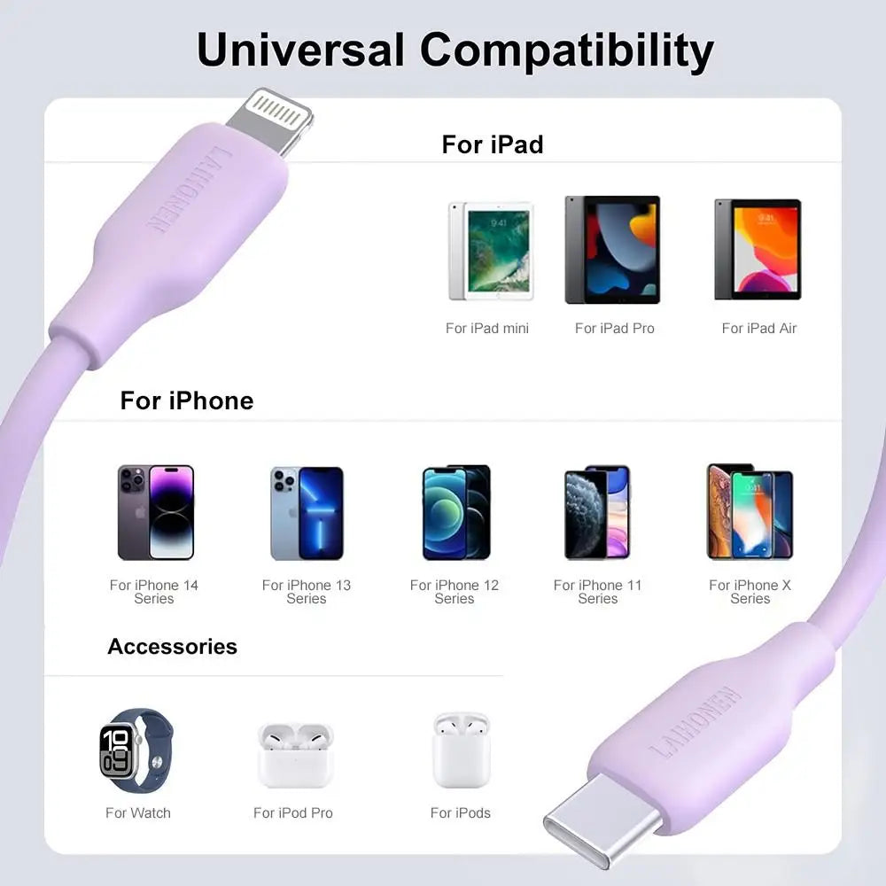 LAIHONEN USB C to Lightning Fast Charging Cable, Flexible Silicone Durable, For iPhone 13 12 11 Pro Max X XS XR iPad