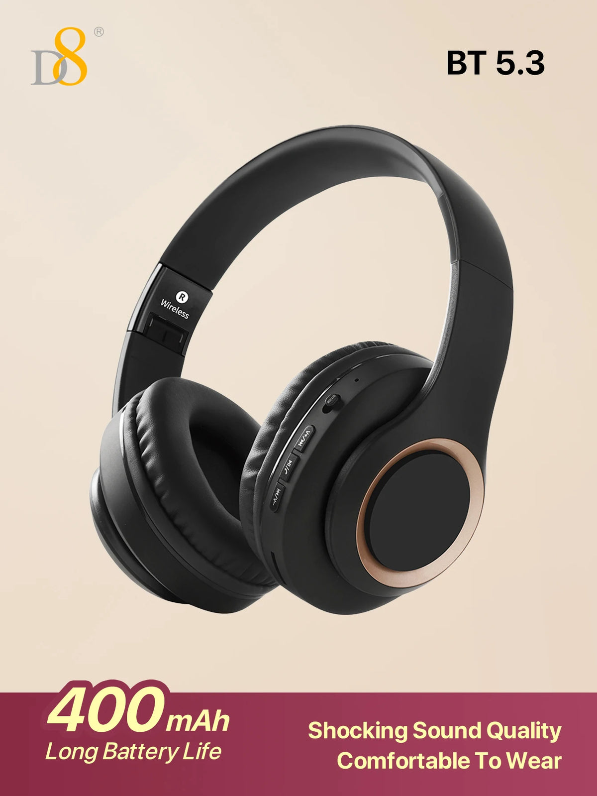D8 Over Ear Headphones, Wireless and Wired Headset Built-in Microphone, Micro SD Card Slot - (Stealth) 40H Playtime