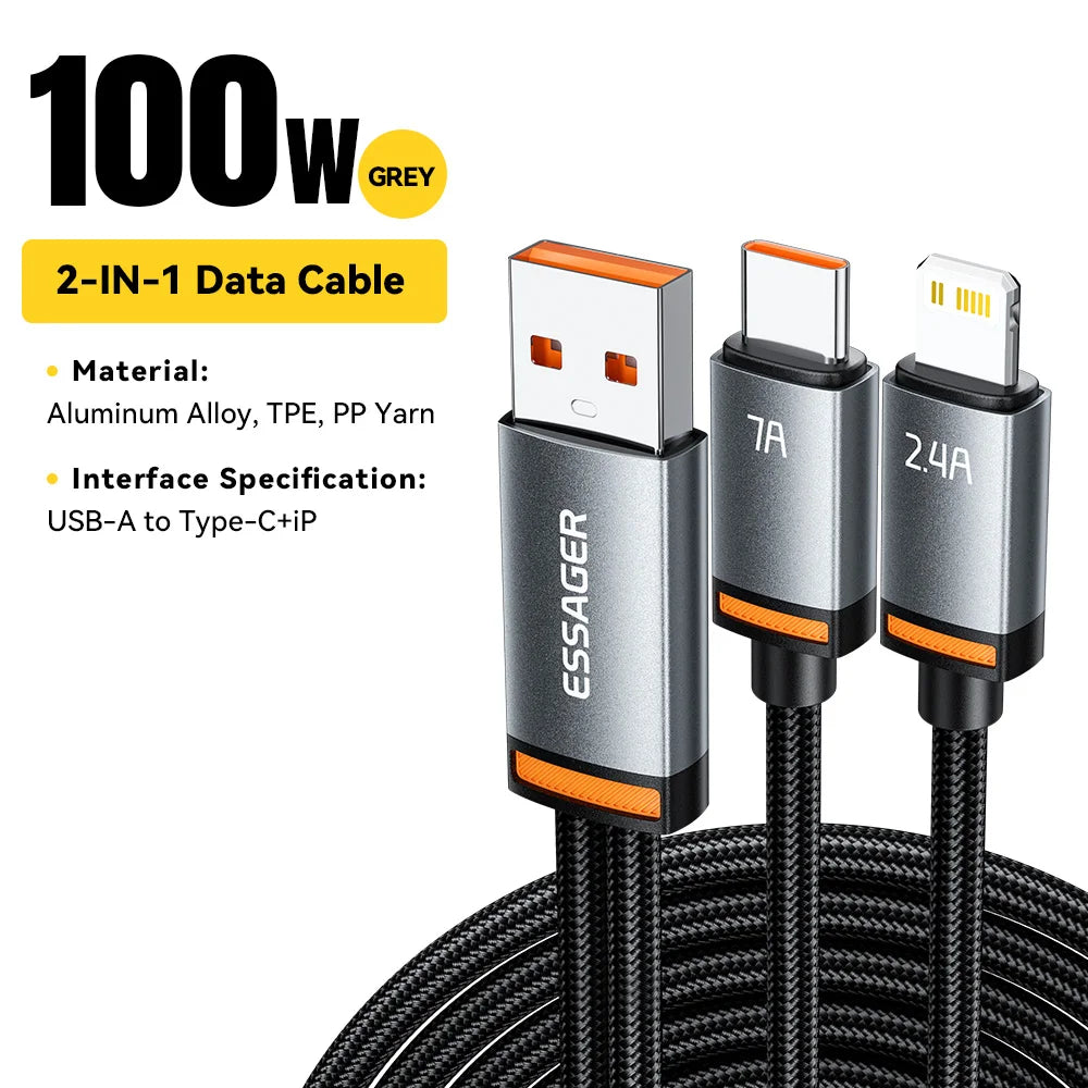 Essager 2 in 1 USB Cable 7A Charger Cable for iPhone 15 16 USB A To Type C to Lighting Cable for Macbook Samsung Xiaomi Huawei