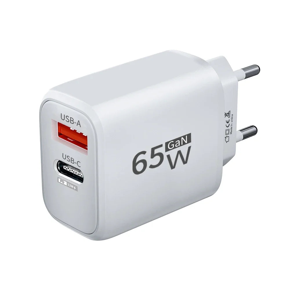 PD 65W GaN 2 In 1 Charger for iPhone 18 17 XiaomiEU/US Plug USB Type C Fast Charging Wall Charger Portable Quick Charge Adapter
