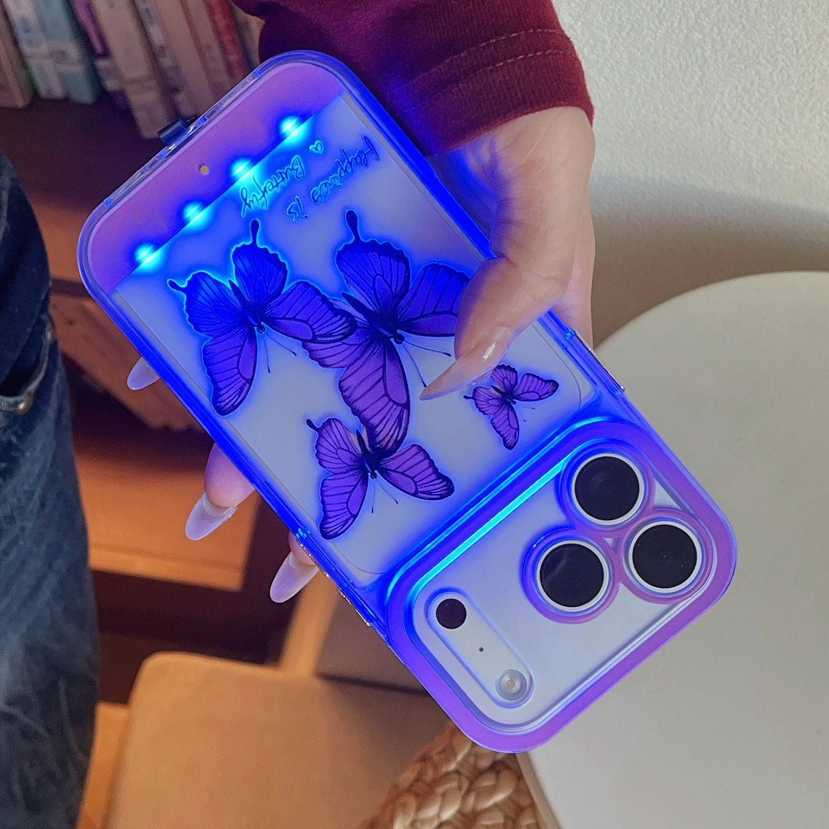 Change Color Luminous Call Light Up Purple Butterfly Pattern Phone Case For iPhone 16 15 13 12 11 14 17 Pro Max Plus Air X XSMax