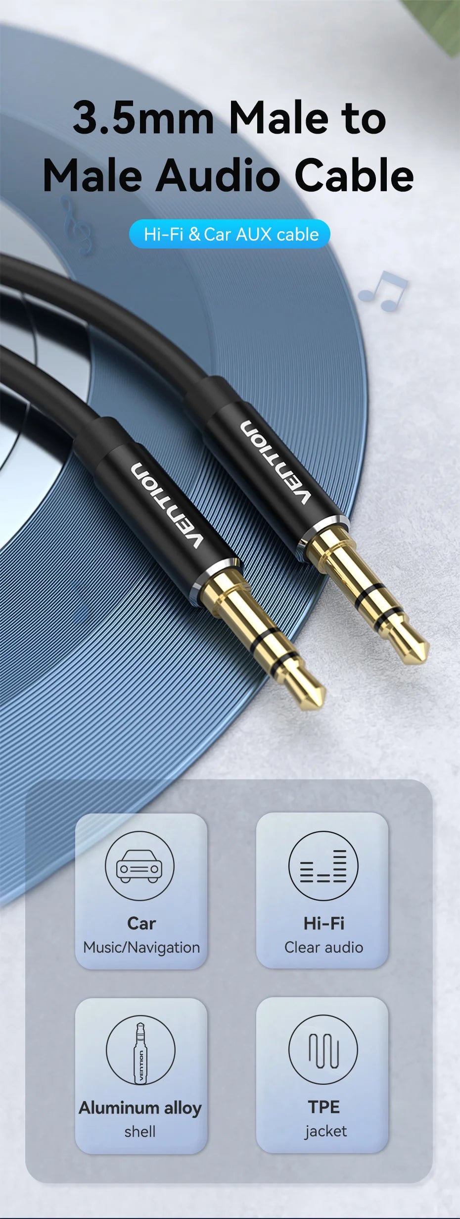 Vention Jack 3.5 Audio Cable Jack 3.5mm Male to Male Speaker Aux Cable for iPhone Samsung Headphone Xiaomi Car Audio Aux Cord