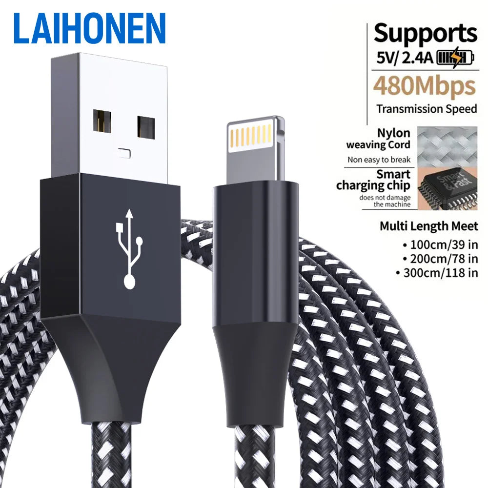LAIHONEN MFi Certified 1PC/3PCS 10FT USB‑A to Lightning Cable Fast Charging Data Cord for iPhone 14 13 12 X XR