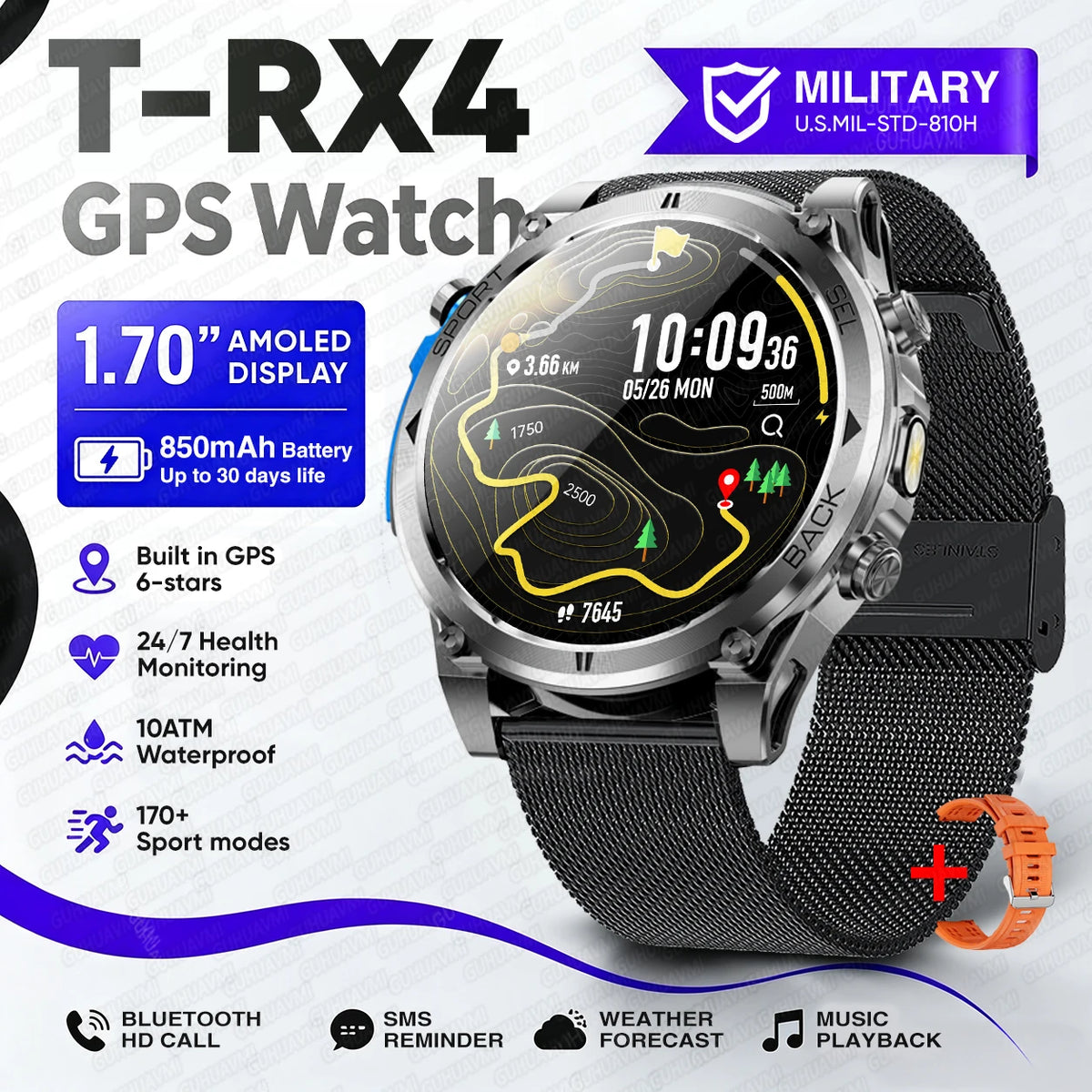 T-RX4 Ultra GPS Outdoors Military Smart Watch Men 1.7" AMOLED Compass 10ATM Waterproof 850mAh Battery Bluetooth Call Smartwatch