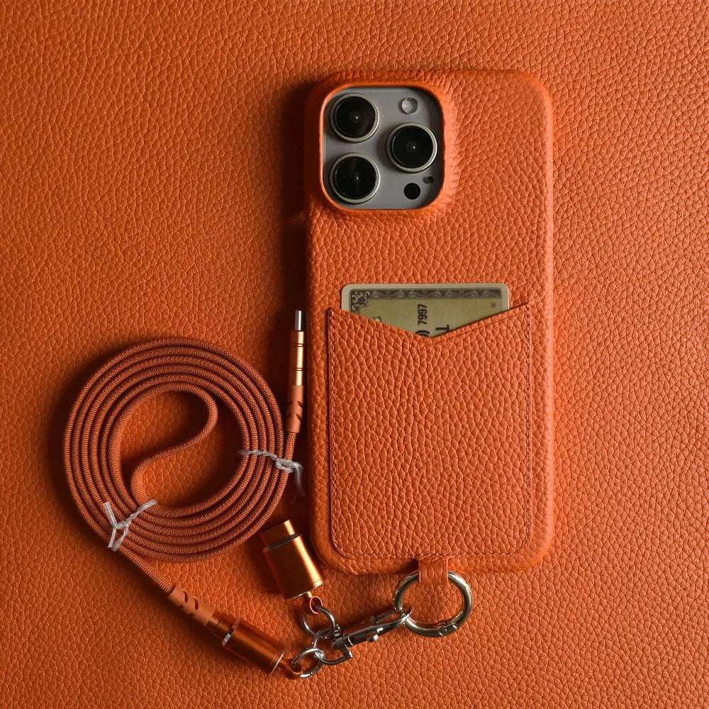 Multifunctional Charging Cable Lanyard Genuine Leather Case for IPhone 18 Pro Max 17Pro 16 15 14 13Pro Crossbody Strap Card Slot