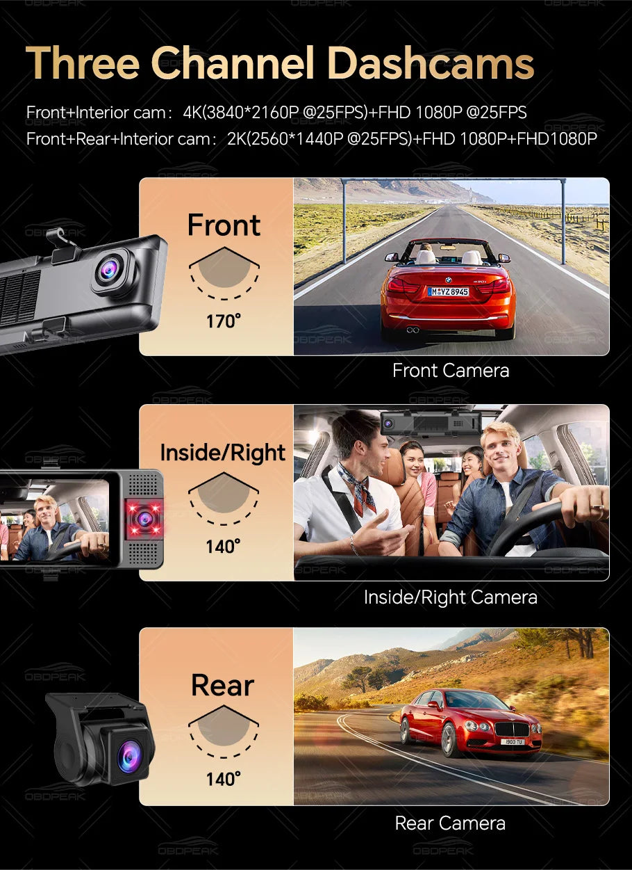 OBDPEAK 3 Camera Dash Cam 4K Car DVR Front Inside Rear 1080P GPS Tracking Night Vision Video Registrator Dashcam Parking Monitor