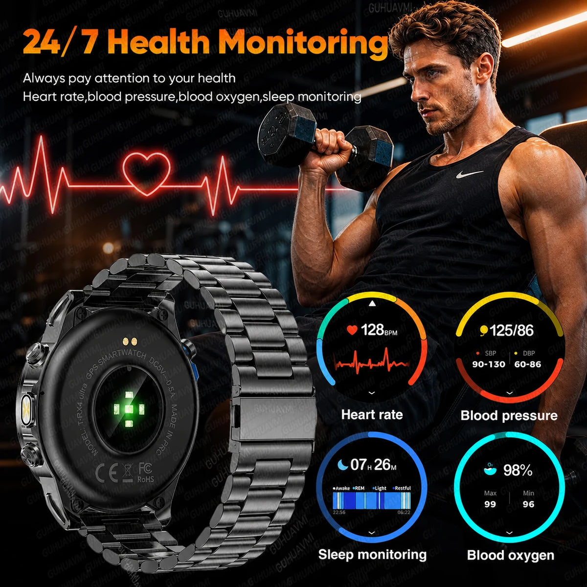 T-RX4 Ultra GPS Outdoors Military Smart Watch Men 1.7" AMOLED Compass 10ATM Waterproof 850mAh Battery Bluetooth Call Smartwatch