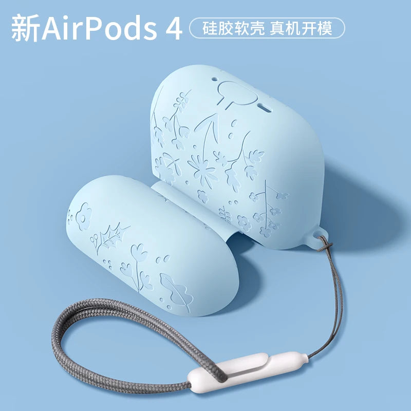 For AirPods 4th Generation Case with Cleaner Kit/Keychain Flower Engraved Silicone Shockproof Cover for 2024 AirPods 4 Case New