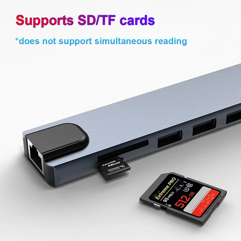 USB C HUB 4K30Hz Docking Station 8-IN-1 USB 3.0 Splitter Type C to RJ45 SD/TF Card Reader for MacBook Notebook Laptop Computer