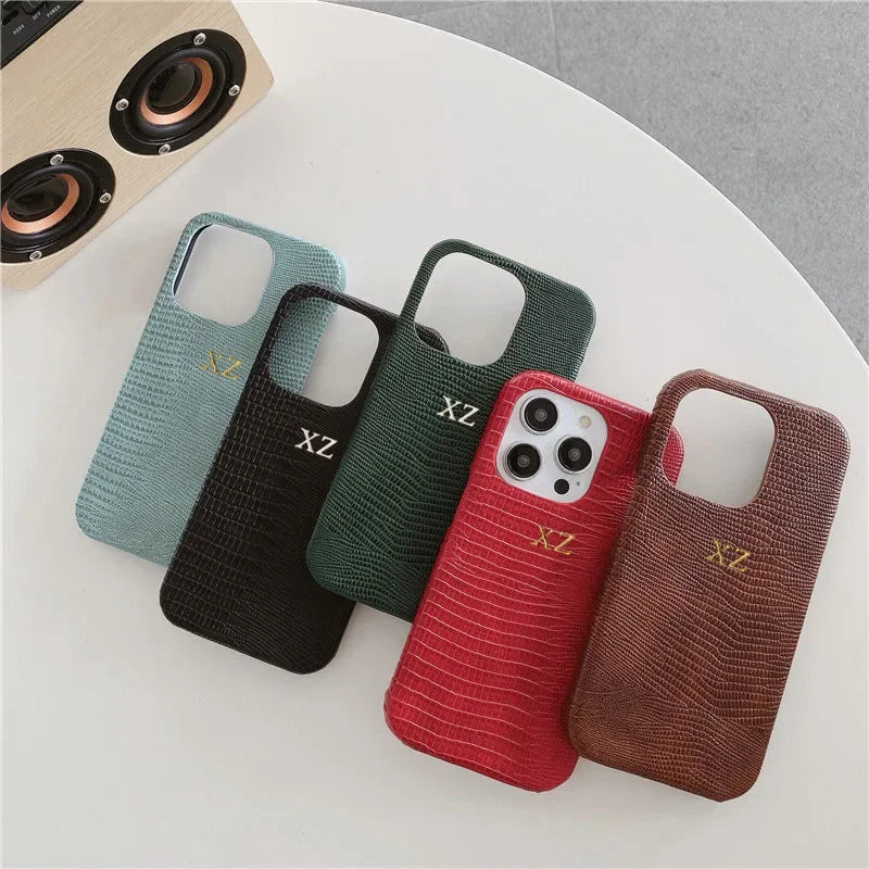 Personalise Gold Silver Initials Letters Leather Case For Iphone 15 12 14 13 16 17Pro Max 14 16 Plus Luxury Lizard PU Hard Cover
