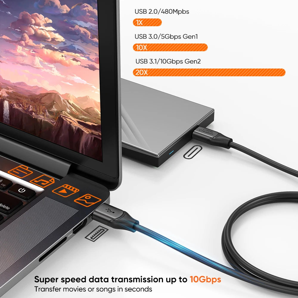 CableCreation 60W USB A to Type C Cable USB3.2 Gen2 10Gbps Data Cable 3A Fast Charging for External SSD Galaxy S24 iPhone 16