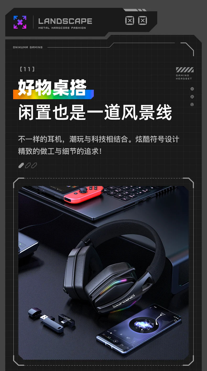 ONIKUMA GT826 Wireless Headset Gaming Headphone Tri Mode Connection Bluetooth USB C 2.4G Low Latency RGB Stereo Sound For PS5 PC