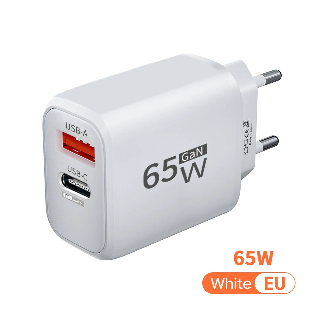 PD 65W GaN 2 In 1 Charger for iPhone 18 17 XiaomiEU/US Plug USB Type C Fast Charging Wall Charger Portable Quick Charge Adapter