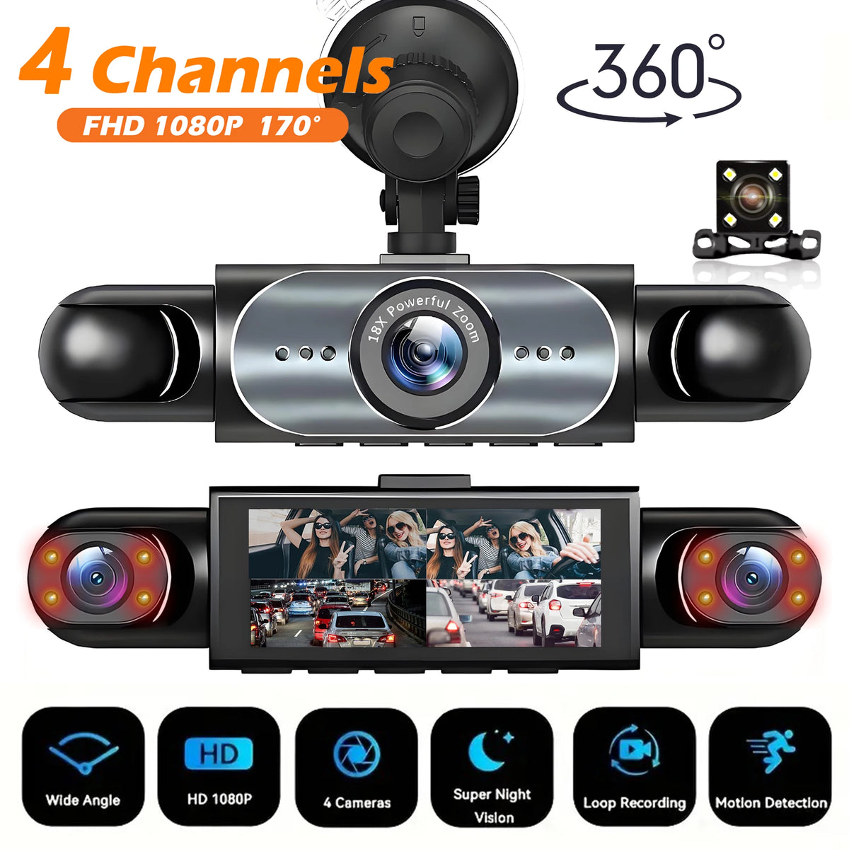 4 Channel Dash Cam 360° Car Video Recorder Black Box with Night Vision 24/7 Parking Monitor G-Sensor Loop Recording Auto Parts