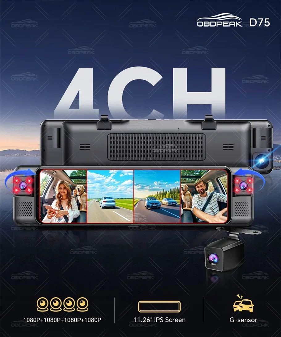 D75 Rearview Mirror FHD 1080P Dash Cam 4CH 360° Record Car Dvr Infrared 5G WIFI APP Video Recorder GPS Track Super Night Vision