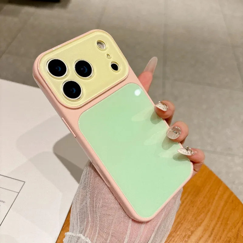 Fashion Dopamine Color-Block Phone Case for IPhone 18 Pro Max 17 16 15 14 Pro Max Candy-Color Glass Back Shockproof Phone Case