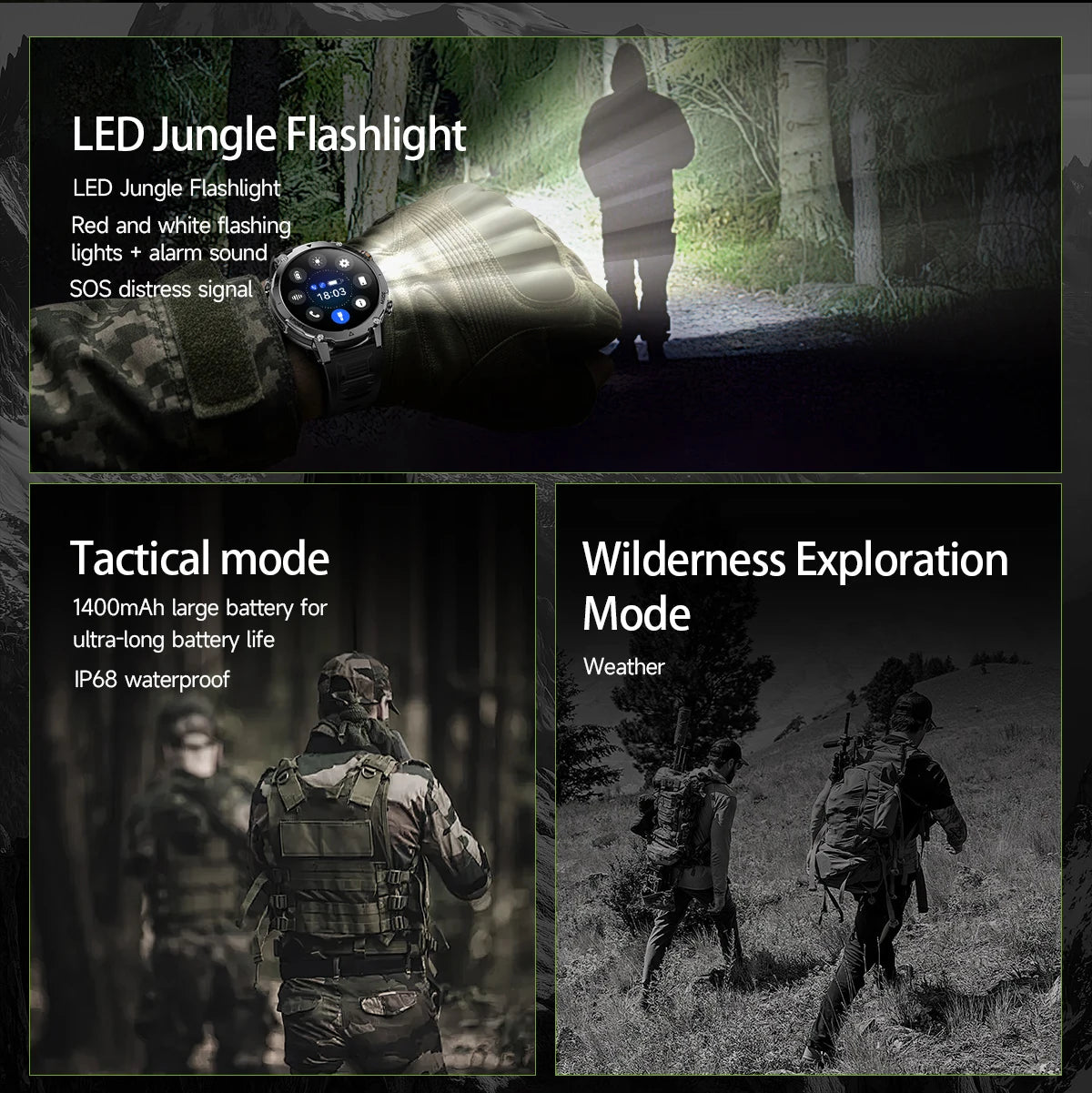 LIGE TANK Ultra 1400mAh Battery Military Smart Watch 10ATM Waterproof Heart Rate Flashlight Sports Bracelet Smartwatch Men Lady