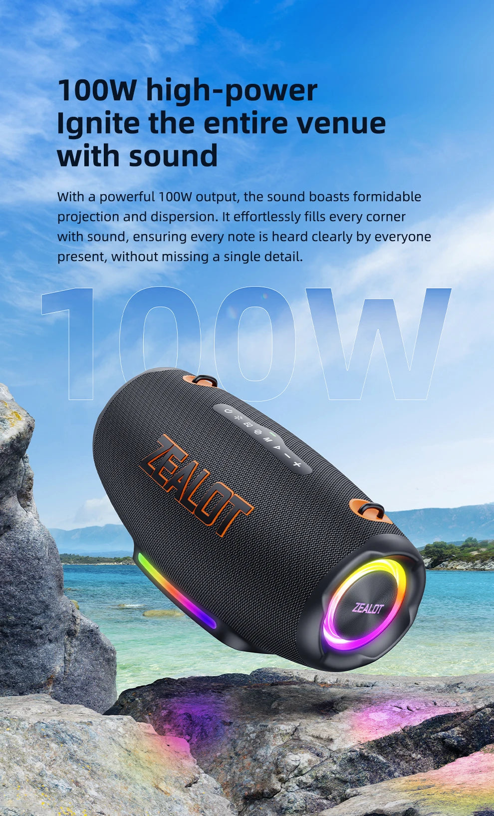 ZEALOT S127100W Powerful subwoofer Portable wireless speaker,24000mAh Battery,RGB Light,Great for Gift-Giving Birthday/Christmas