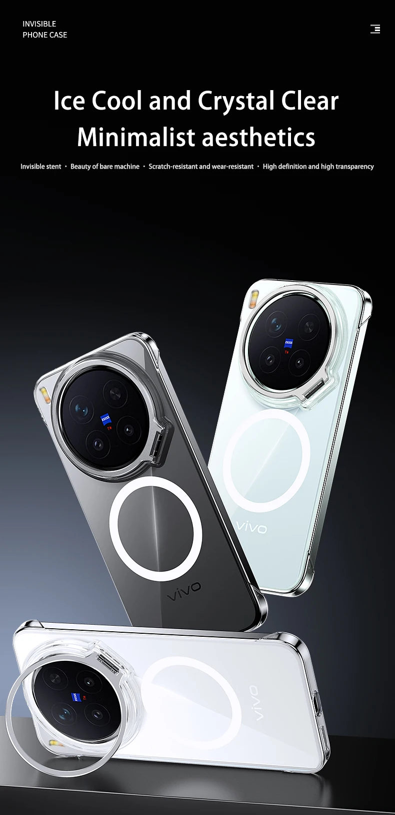 Acrylic Slim Frameless Transparent Case For Magsafe VIVO X300S X300 Pro Ultra Wireless Charging Lens Metal Stand Holder Cover