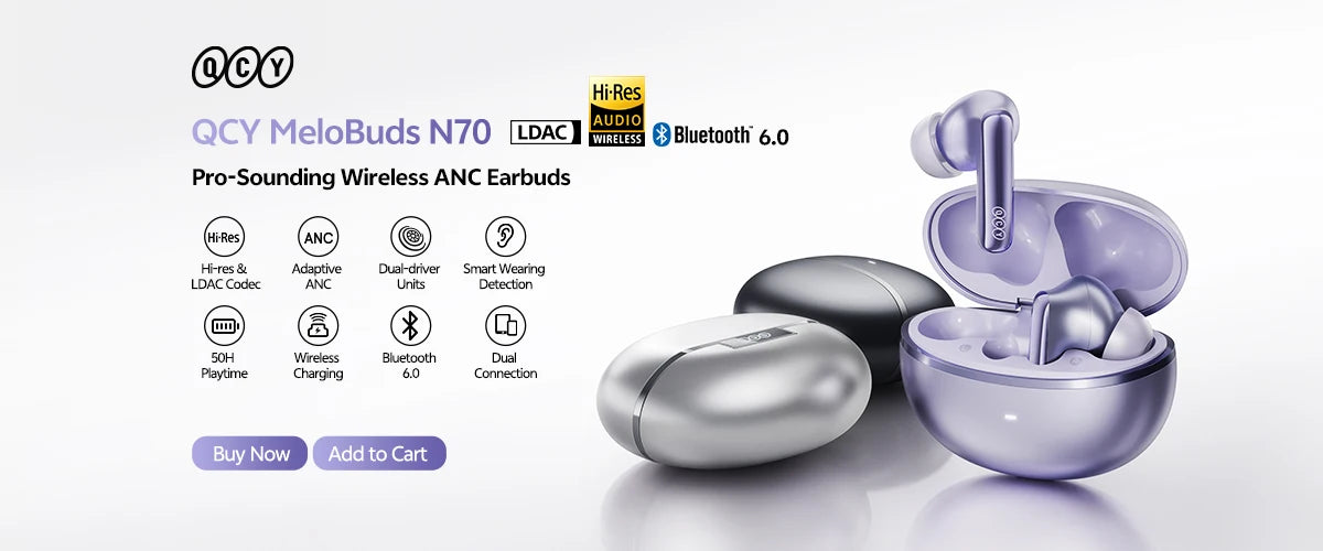 Ship From ES/PL/BR QCY HT18 MeloBuds N70 Wireless Earphones Bluetooth 6.0 Adaptive Hybrid ANC 6 Mics LDAC Hi-Res Audio Earbuds