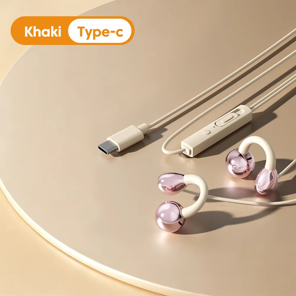 3.5MM/Type C Wired Headphones With Microphone HiFi Sound Ear Clip Non-in-ear Wired Earphones for iphone 15 16 17 Samsung