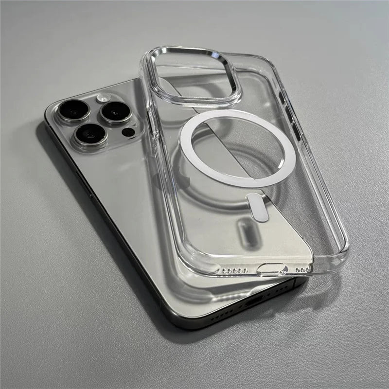 Transparent Wireless Charging for Magsafe Case for iPhone 18Pro 17 16 17Pro Max Alloy Lens Clear Shockproof Hard Armor Cover