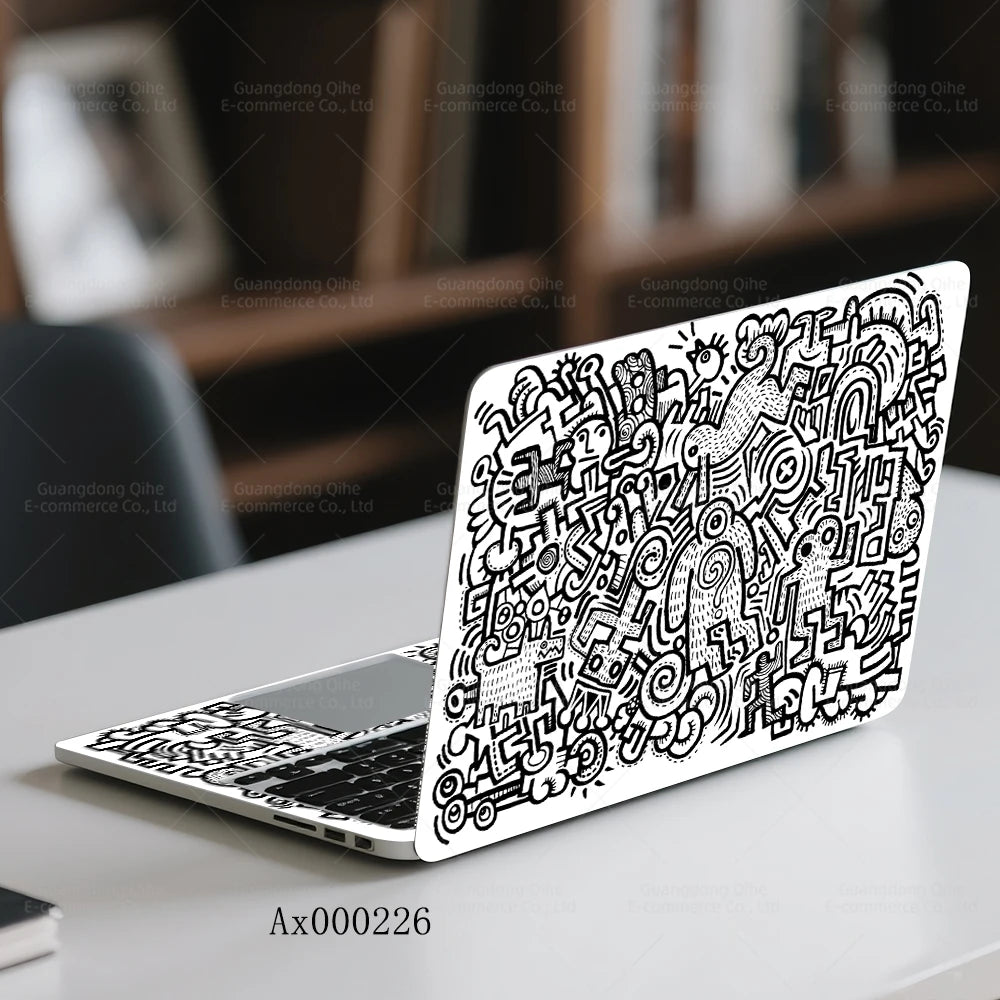 2Pcs Black White Doodle Laptop Skin, Waterproof Vinyl Graffiti Laptop Decal Art Stickers for MacBook HP Dell Universal Laptop